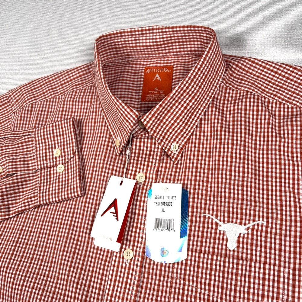 Antigua Monarch Mini Check Shirt Mens XL Texas Orange Texas Longhorns NEW
